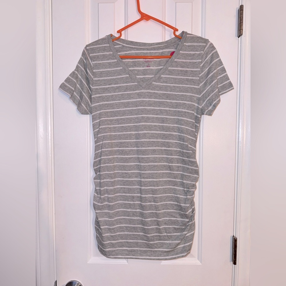 NWT Isabel Maternity V-Neck Grey & White striped Tee Modal/Cotton, Rouching Side